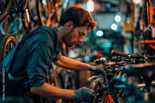 A skilled bike mechanic is adjusting a bicycle in a well-equipped workshop surrounded by tools