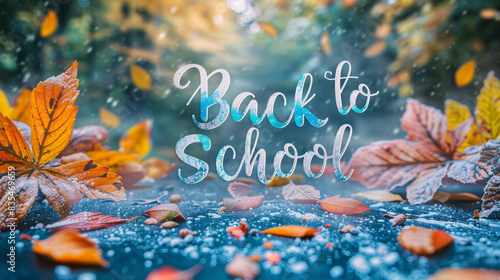 Autumn Leaves and Back to School Text on a Wet Surface photo