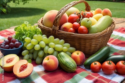 Fruit picnic basket on red checkered table cloth in park.