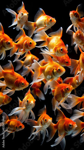 A bunch of Goldfish Swimming Against a Black Background