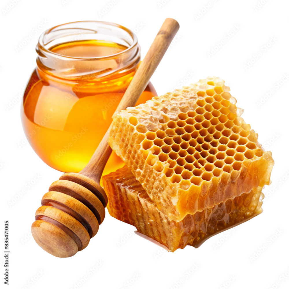 Honeycomb and Honey on White Background for Freshness and Natural Sweetness - High-Quality Image for Food and Nature Concepts