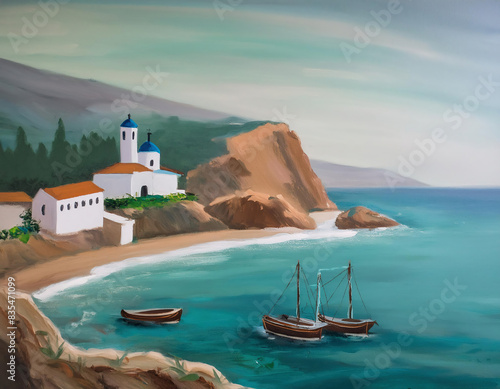 Oil painting of a quiet old fishing town with hills, sailboats and waves crashing on the seashore	in Greece island photo