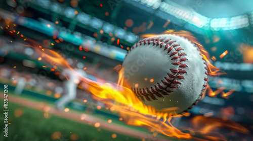 close-up on a fastball baseball throw with a professional baseball player on the background