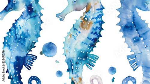 Group of colorful seahorses on white background, hand drawn watercolor illustration.