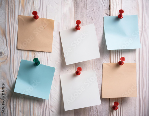 different colorful memo papers attached with pins to the white wooden board	 photo