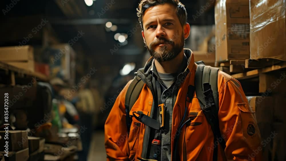 Warehouse worker holding a mobile phone in his hand. The man is wearing standard warehouse attire Warehouse worker holding a mobile phone in his hand. The man is wearing standard warehouse attire