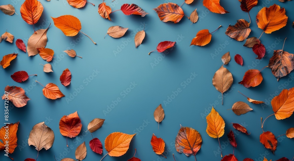 Red and Blue Autumn Leaves on a Teal Background Red and Blue Autumn Leaves on a Teal Background
