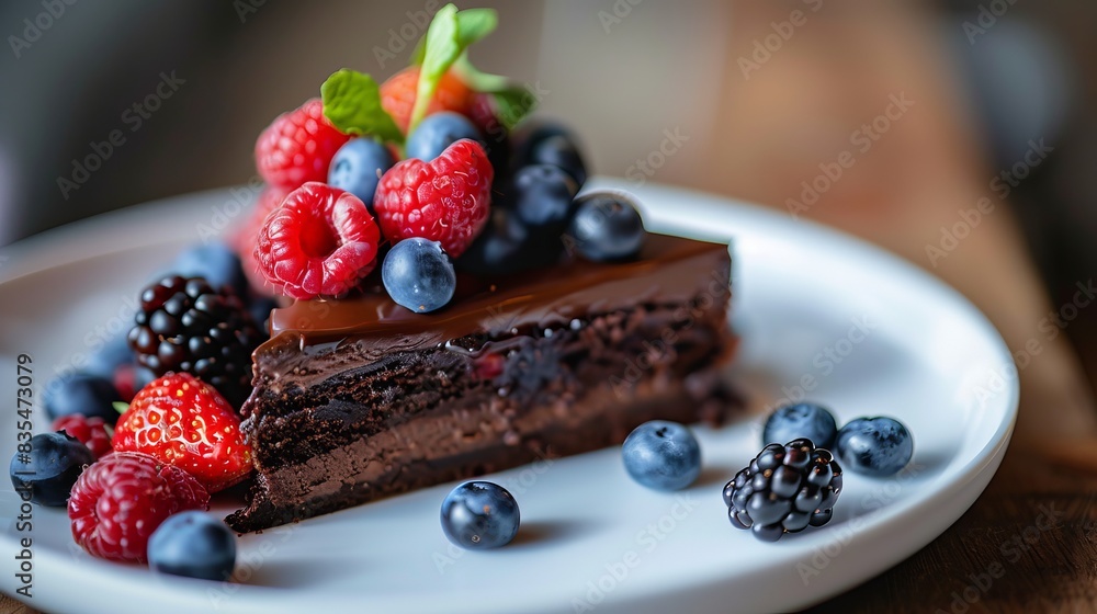 A luscious chocolate cake topped with fresh berries, elegantly served on a white plate A luscious chocolate cake topped with fresh berries, elegantly served on a white plate