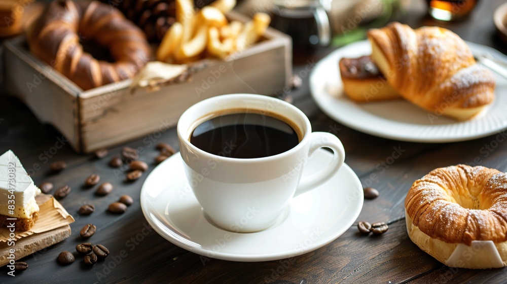 a cup of black coffee. Delicious homemade breakfast concept in rustic style. Generative Ai a cup of black coffee. Delicious homemade breakfast concept in rustic style. Generative Ai