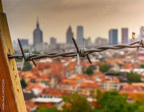 An abstract depiction of barbed wire set against a blurry city backdrop photo