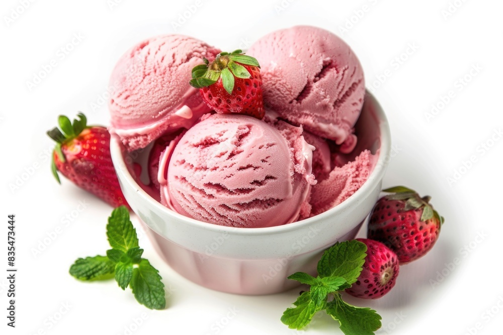 Fresh strawberries served on top of creamy ice cream, perfect for a sweet treat Fresh strawberries served on top of creamy ice cream, perfect for a sweet treat