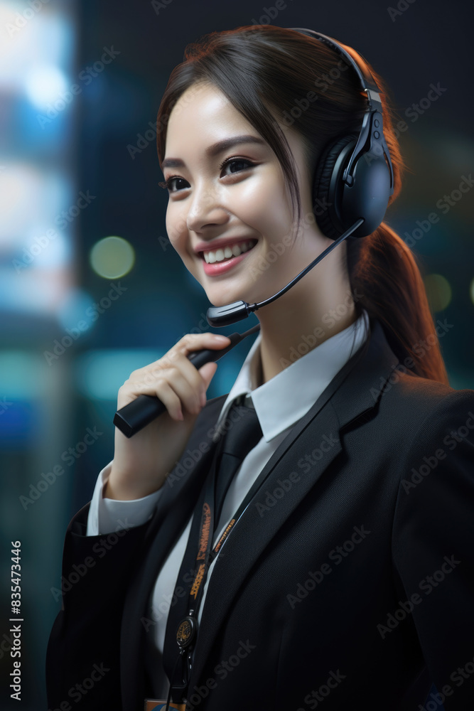 Woman in office attire holding a headset, suitable for business or professional settings Woman in office attire holding a headset, suitable for business or professional settings