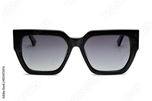 Front view of black polarized sunglasses for e-commerce isolated on white background.