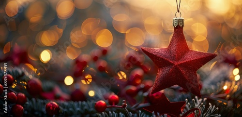 Red Star Christmas Ornament Among Christmas Lights © ArtCookStudio