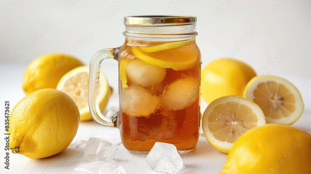 A jar of ice lemon tea over white background . Generative Ai A jar of ice lemon tea over white background . Generative Ai