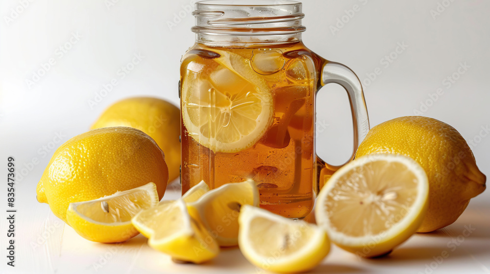 A jar of ice lemon tea over white background . Generative Ai A jar of ice lemon tea over white background . Generative Ai