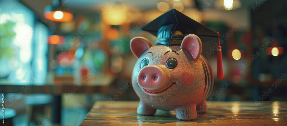 Obraz premium Piggy Bank Wearing Graduation Cap on Wooden Table