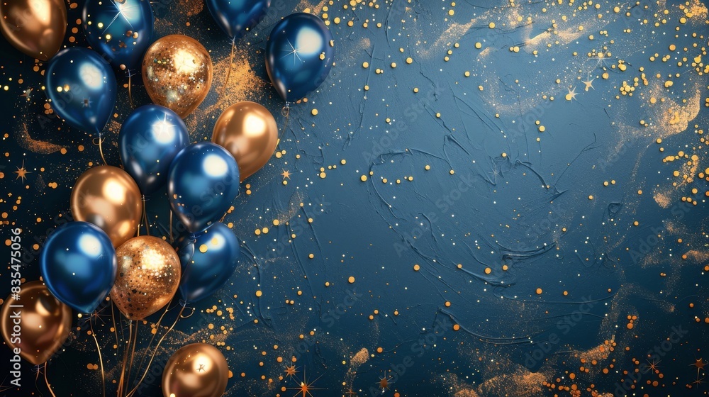 Blue and Gold Earth Balloons Against a Dark Blue Bokeh Background Blue and Gold Earth Balloons Against a Dark Blue Bokeh Background