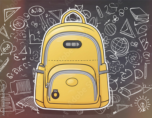 Back to school banner or poster featuring a yellow backpack on a black chalkboard background photo