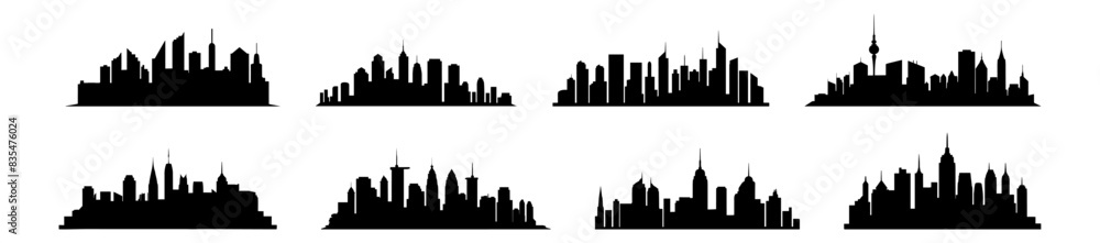 Naklejka premium City silhouettes set, pack of vector silhouette design, isolated background