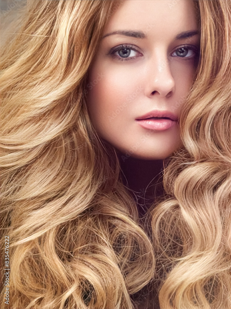 Obraz premium Beautiful modern blonde woman with volume hairstyle, long luxurious hair and beauty makeup, glamorous look face portrait for luxury fashion and natural cosmetics idea