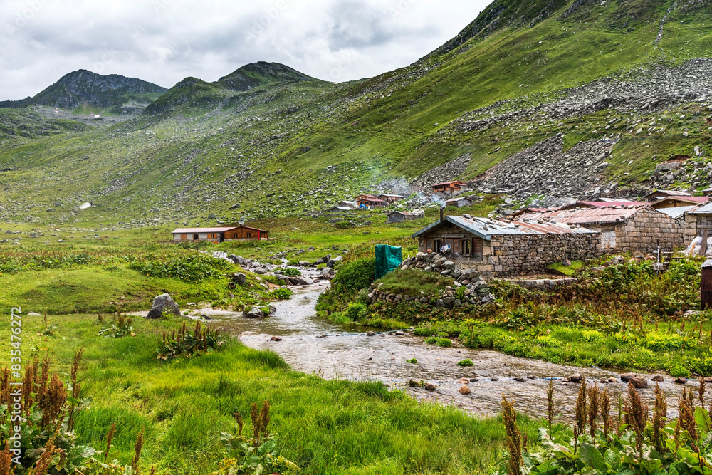 Obraz premium Houses used by animal breeders in the summer months in Rize, Altiparmak Mountains...