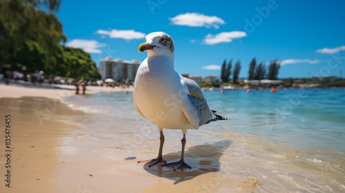 A seagull stands on a sandy beach with the ocean and trees in the background on a sunny day.
