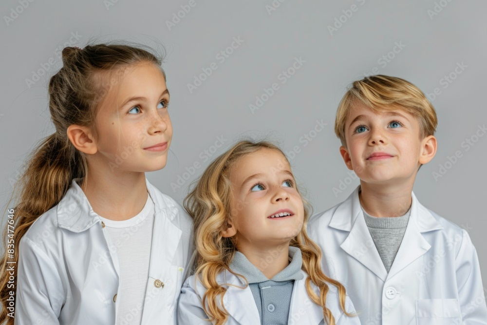 Children in white coats look in different directions. Banner. Plain background. Place for text. Doctor, laboratory assistant. Career guidance. Future profession Children in white coats look in different directions. Banner. Plain background. Place for text. Doctor, laboratory assistant. Career guidance. Future profession