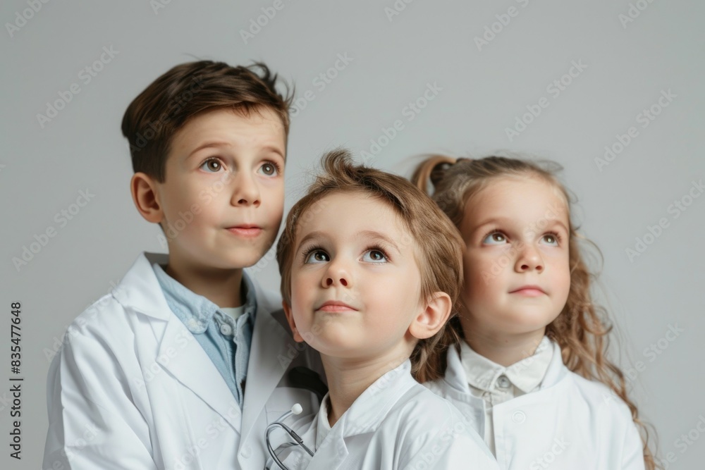 Children in white coats look in different directions. Banner. Plain background. Place for text. Doctor, laboratory assistant. Career guidance. Future profession Children in white coats look in different directions. Banner. Plain background. Place for text. Doctor, laboratory assistant. Career guidance. Future profession