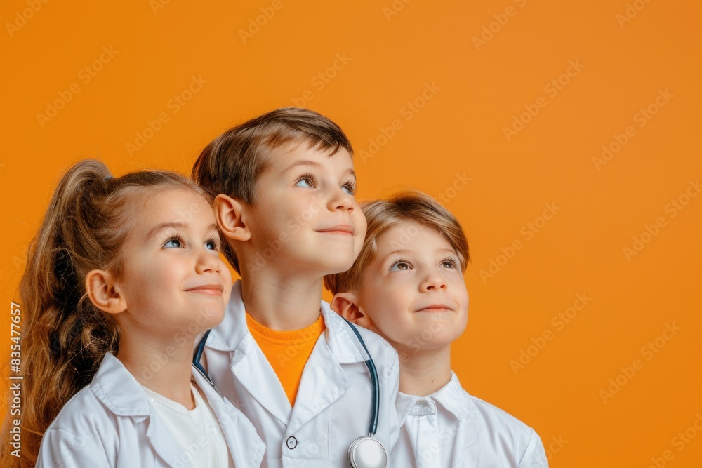 Children in white coats look in different directions. Banner. Plain background. Place for text. Doctor, laboratory assistant. Career guidance. Future profession Children in white coats look in different directions. Banner. Plain background. Place for text. Doctor, laboratory assistant. Career guidance. Future profession