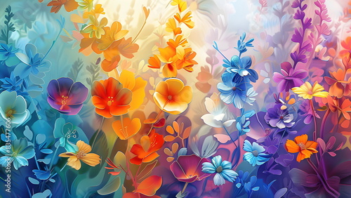 Abstrakte farbenfrohe Blumenwiese in Orange Gelb Blau und Rosa als verträumte Aquarell Floralkunst