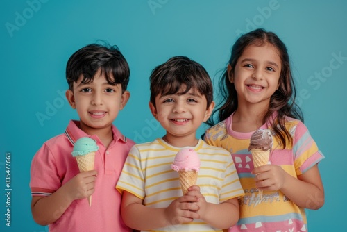 Children with ice cream on a pastel background. Banner. Summer. Dessert. India.