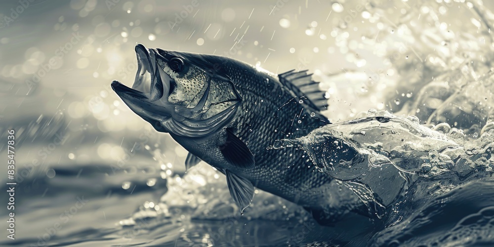 A fish leaping out of the water's surface, with sunlight shining through A fish leaping out of the water's surface, with sunlight shining through