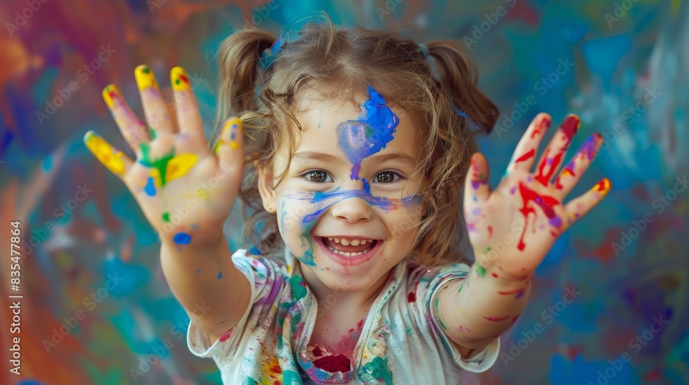 Happy little girl playing with paint