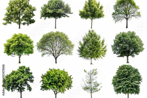 diverse collection of green trees isolated on white background nature photography