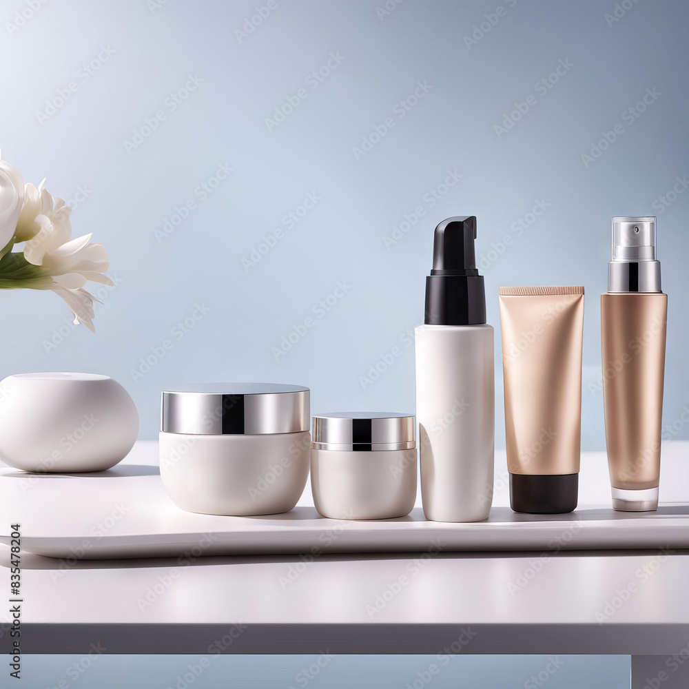 White and beige Cosmetic containers on a tray on white, AI Generated White and beige Cosmetic containers on a tray on white, AI Generated