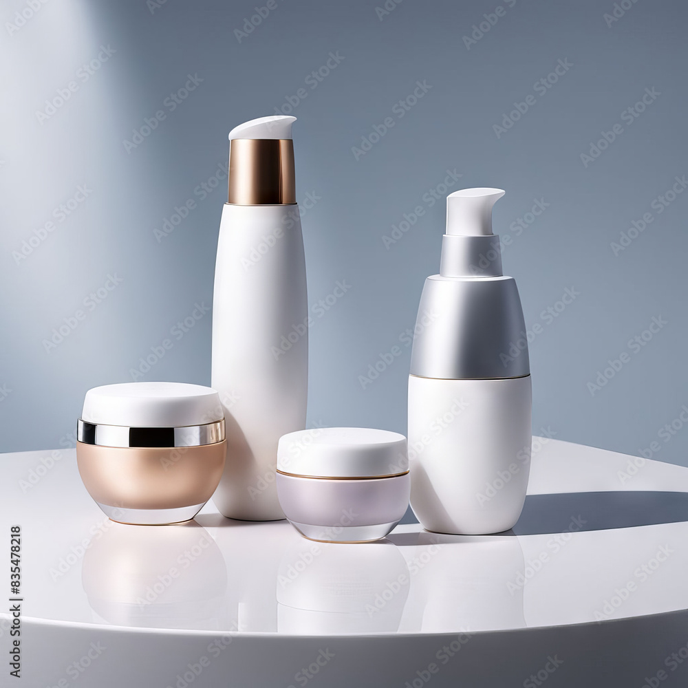 A personal care set product containers pump bottle with blank label on a modern round white table. AI Generative A personal care set product containers pump bottle with blank label on a modern round white table. AI Generative