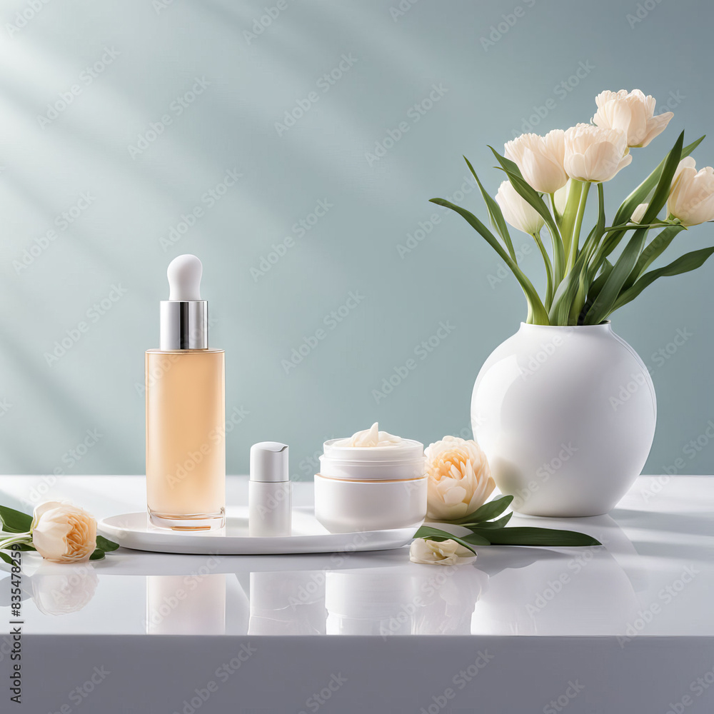 Cosmetic set on light dressing table. Beautiful flowers in a vase on green wall background lit by the sun.