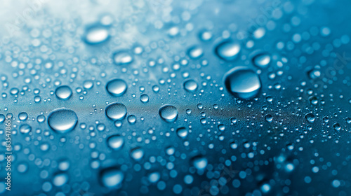 Close de gotas de água em um fundo azul gradiente, apresentando o conceito de pureza e hidratação