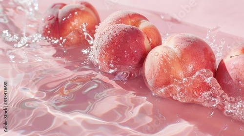 Whole peaches splashing in water, highlighting their vibrant, juicy textures and sparkling droplets against a pink background, emphasizing freshness and summer vibes.