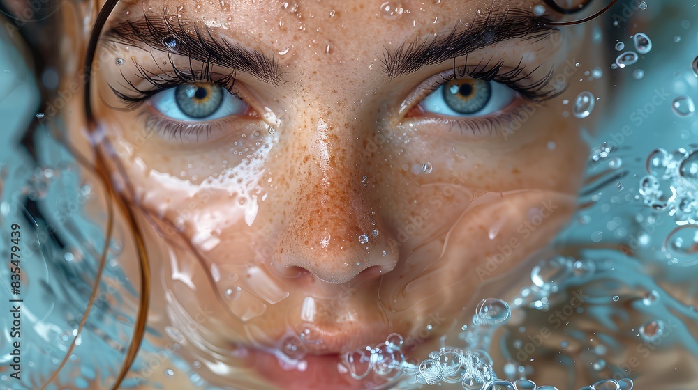 Ethereal Beauty: Closeup of a Woman’s Flawless Face Surrounded by Light Blue Water Waves - A High-End Beauty Advertising Design Illustration Ethereal Beauty: Closeup of a Woman’s Flawless Face Surrounded by Light Blue Water Waves - A High-End Beauty Advertising Design Illustration