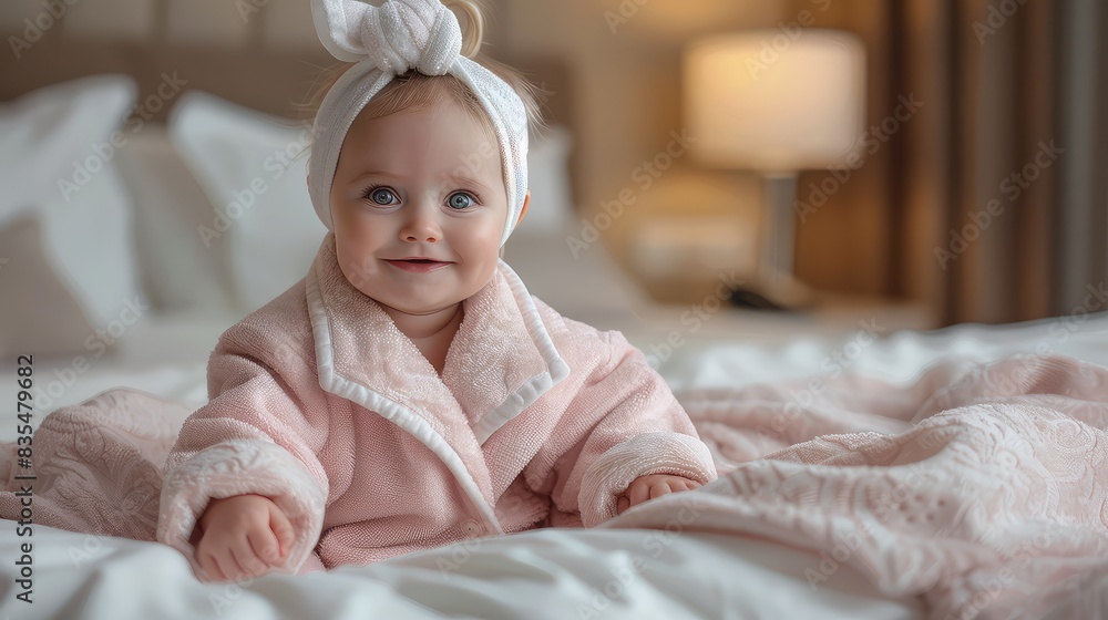 Joyful Baby Girl in Pink Bathrobe and White Towel, Sitting on Bed, Hotel Room Background Joyful Baby Girl in Pink Bathrobe and White Towel, Sitting on Bed, Hotel Room Background
