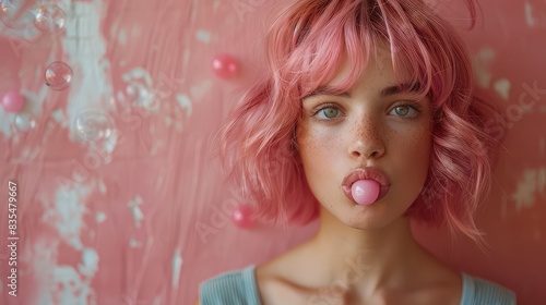 Stylish Woman with Pink Bob Hair Blowing Bubble Gum Against a Matching Pink Background photo