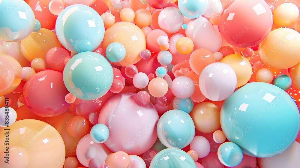 Colorful and fun party mood balloon background, Geometric shapes: Pastel spheres abstract background, 3d rendering