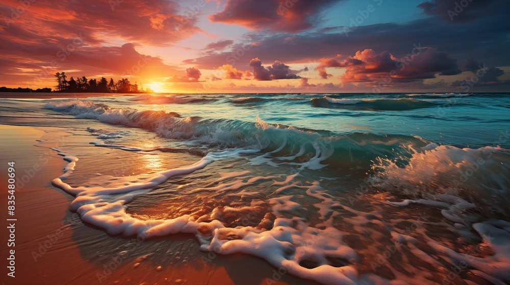 Obraz premium Breathtaking Sunset Over Majestic Ocean Waves at Peaceful Beach