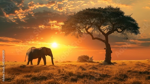 Elephant, Nature And Wildlife In Africa For Conservation With Animal In Natural Environment Or Habitat. Ecology, Game Or Safari And Tree On Landscape With Fauna © zipop