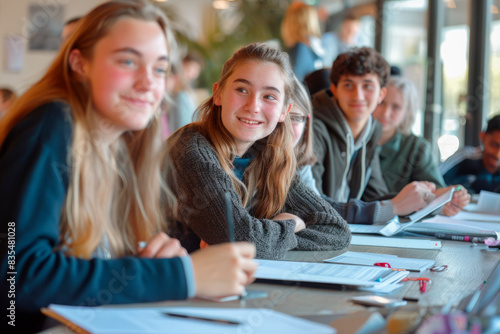 Smiling high school students participate in class discussion with interest, education concept
