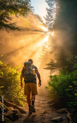Back view of a hiker trekking in a sunbeamlit forest with mist