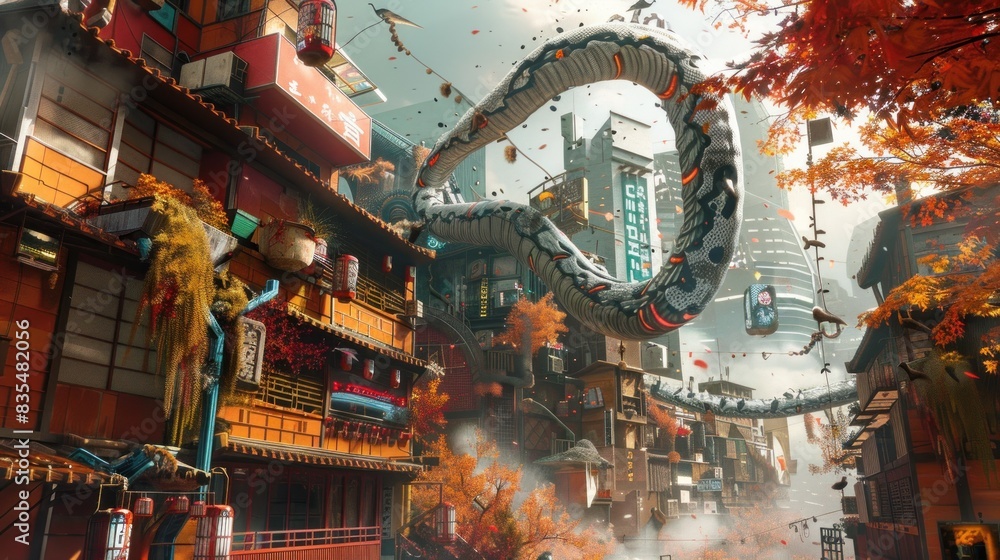 A large cyborg snake coils around a building in a cyberpunk city, AI generated image A large cyborg snake coils around a building in a cyberpunk city, AI generated image