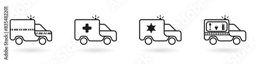 A set of special service vehicles. Cars with flashing lights vector. Linear transport icons. Car for emergency situations. Ambulance, police, firefighters, rescuers vector set.